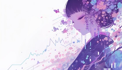 Beautiful Japanese anime girl in a kimono, cherry blossoms gently falling, stock market charts, isolated with ample copy space for financial content
