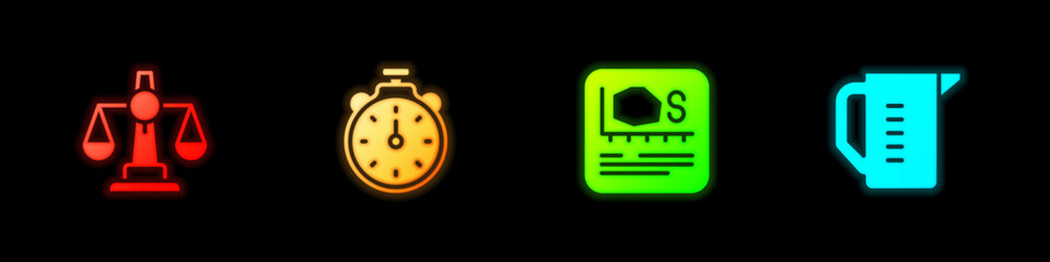 Set Scales of justice, Stopwatch, Area measurement and Measuring cup icon. Vector