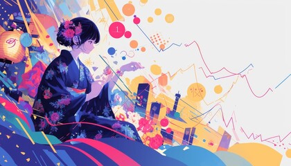 Obraz premium Japanese anime girl in a yukata at a festival, stock market chart in the background, vibrant colors, isolated on white background, copy space