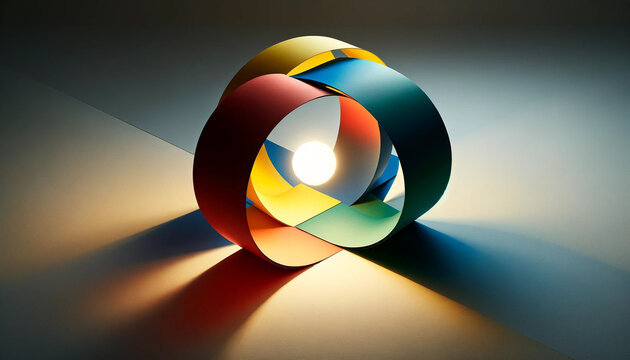 Colorful paper art in a moebius strip shape with dramatic lighting.