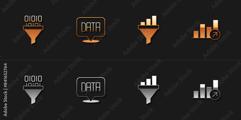 Poster set binary code, data analysis, sales funnel with chart and financial growth icon. vector