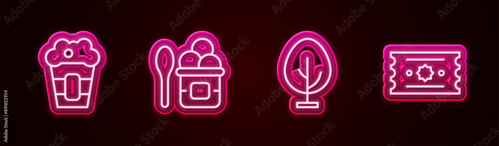 Sticker Set line Popcorn in box, Ice cream bowl, Tree and Ticket. Glowing neon icon. Vector