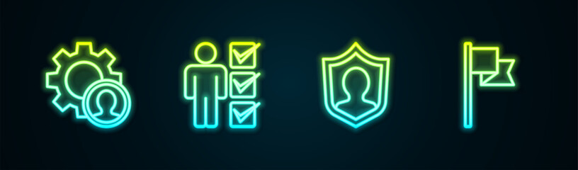 Set line Head hunting, User of man business suit, protection and Location marker. Glowing neon icon. Vector
