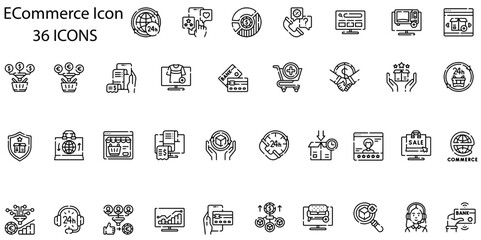 E-Commerce set of web icons in line style. Online shopping icons for web and mobile app. Business, mobile shop, digital marketing, bank card, gifts, sale, delivery. Vector illustration
