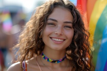 Happy Young Woman at Pride Parade