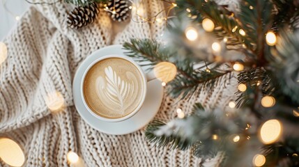 A coffee cappuccino with winter decoration, christmas background - Powered by Adobe