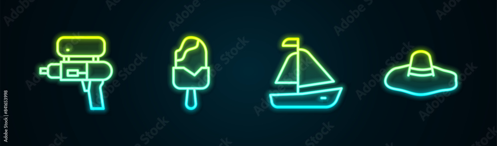 Canvas Prints set line water gun, ice cream, yacht sailboat and elegant women hat. glowing neon icon. vector