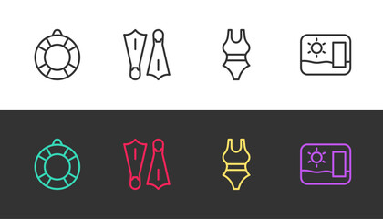 Set line Lifebuoy, Rubber flippers for swimming, Swimsuit and Travel postcard on black and white. Vector © Kostiantyn