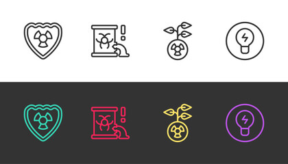 Set line Radioactive in shield, waste barrel, and Light bulb with concept of idea on black and white. Vector