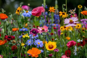 Obraz premium Colorful Flower Garden with Poppies, Daisies, Sunflowers, Bees, and Butterflies