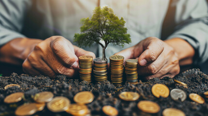 businessman protection money on table with tree. concept saving,coins stack.