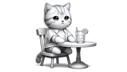Fototapeta premium Black and white drawing art illustration of a cute cat wearing casual dress sitting on a chair and table enjoying a glass of lemonade - white background