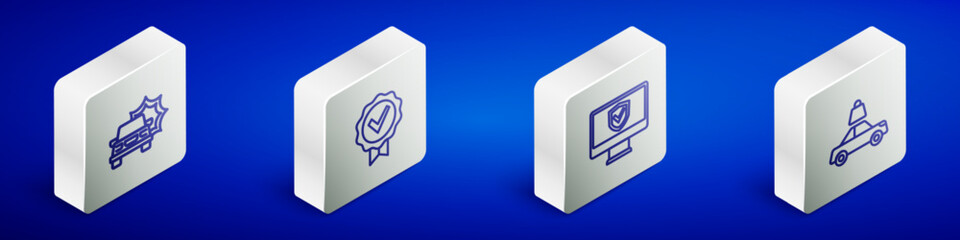 Set Isometric line Car accident, Approved and check mark, Insurance online and insurance icon. Vector