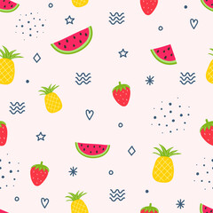Colourful summer pattern. Background with fruits  - watermelon, pineapple and strawberry. Vector illustration