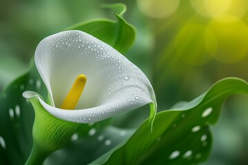 Close-up shot of a fresh calla lily with dewdrops on its petals, set before a dreamy, green bokeh backdrop