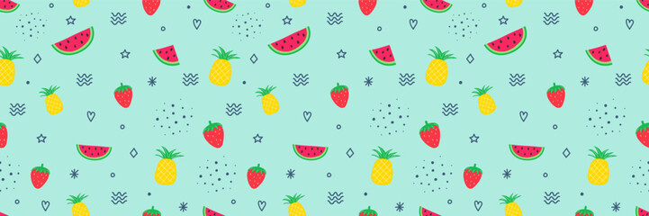 Summer background with fruits - watermelon, pineapple and strawberry. Vector illustration