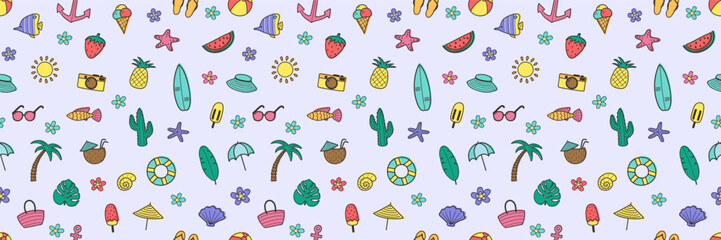 Obraz premium Creative cartoon summer seamless pattern. Holiday background with hand drawn elements. Vector illustration