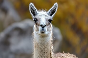 Obraz premium Serene close-up of a llama's face with a blurred golden foliage backdrop