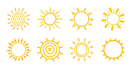 Yellow sun icon set isolated on white background. Hand drawn summer elements. Vector illustration