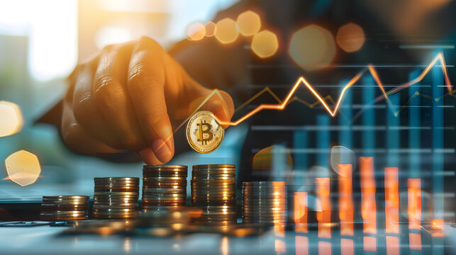 A business person counting coins with an upward trending graph and arrow in the background.representing financial growth or stock market  - Powered by Adobe