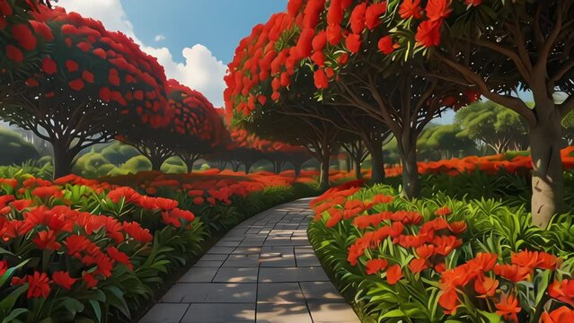 serene beauty of a garden pathway surrounded by blooming ixora flowers