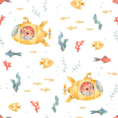 Seamless pattern with little boy in yellow submarine and fish and seaweed under the sea. Cute children texture with watercolor illustration on white background. 