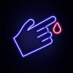 Glowing neon line Hand finger with blood drops icon isolated on isolated on brick wall background. Diabetes, sugar blood. Colorful outline concept. Vector