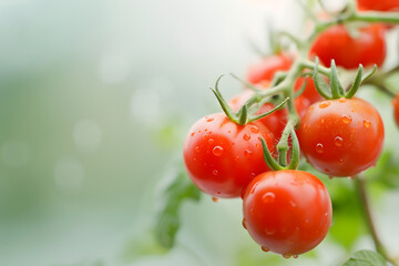 A close-up of juicy red tomatoes on the vine, with a soft, blurred background of a greenhouse providing ample copy space