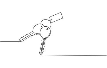 
continuous one line drawing of keys. Real estate keys icon. Success keys, solutions, opportunities and safety concept in doodle style. Continuous line drawing of key. One line of key. Key continuous 