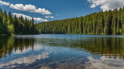 Fototapeta premium A tranquil lake surrounded by dense forest, reflecting the serene natural beauty under a bright blue sky with fluffy white clouds.