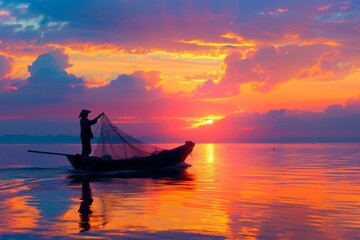 Fisherman Pulling in Net at Sunrise on Tranquil Waters with Vibrant Dawn Sky Colors