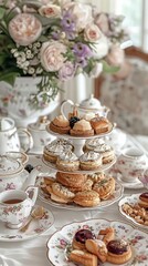 Classic afternoon tea spread with freshly brewed tea