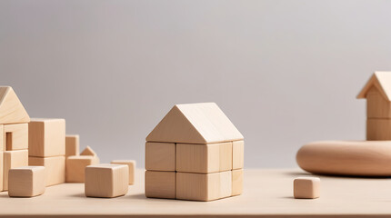 Fototapeta premium Small toy Wooden cube block puzzle shaped as home or house with copy space area, home building concept 