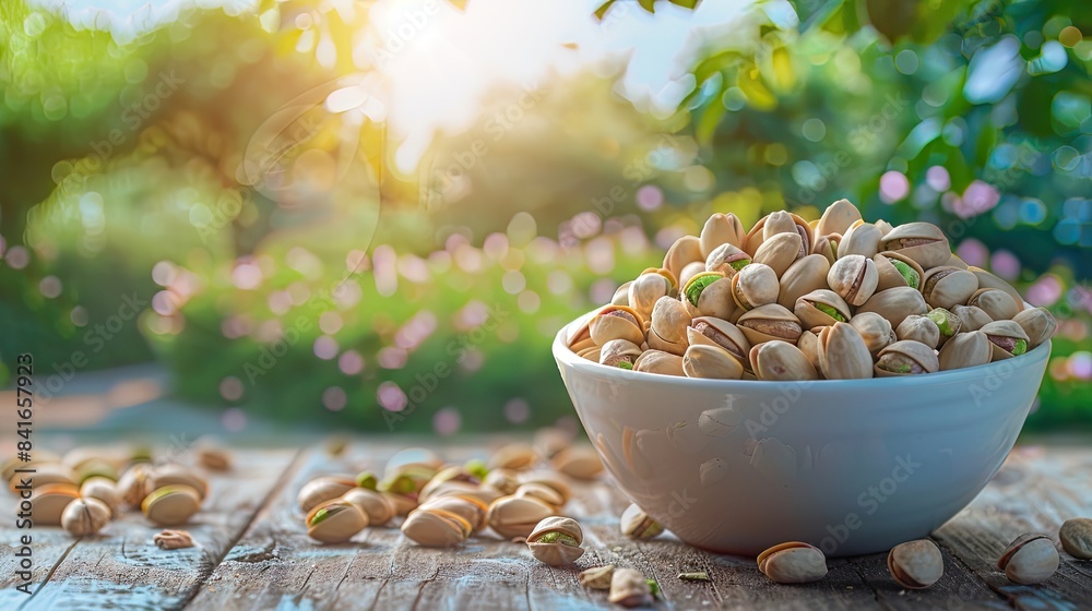 Wall mural pistachios in a bowl in a white bowl on a wooden table. Selective focus