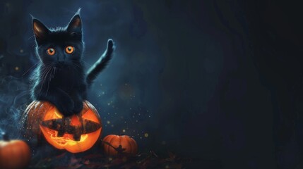 Fototapeta premium Mysterious Halloween Banner with Black Cat and Pumpkins under Moonlight for Design Use