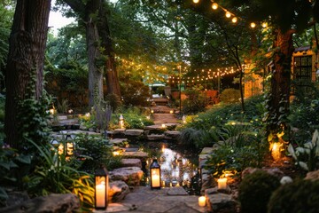 Magical Evening Garden with Fairy Lights, Lanterns, and Illuminated Water Feature for Tranquil Ambiance