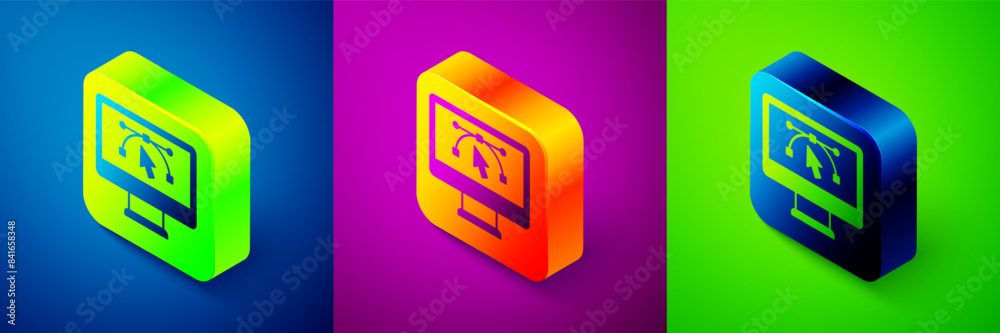 Poster Isometric Computer display with vector design program icon isolated on isolated on blue, purple and green background. Photo editor software with user interface. Square button. Vector