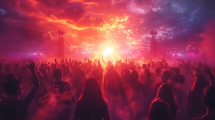 Crowd of People Dancing Under Red Stage Lights at a Concert