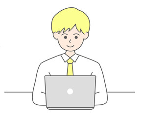 ノートパソコンで仕事をする男性ビジネスマン。
オフィスで働く人のビジネスイラスト素材。