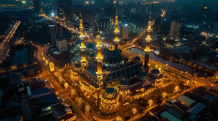 Obraz premium Aerial view of a city lit up with Ramadan decorations, showcasing the communal spirit during the holy month