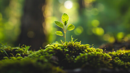 Young plant sprouting on mossy forest floor