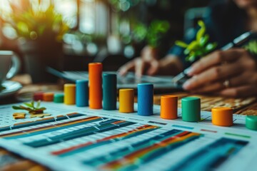 Fototapeta premium business meeting with graphs and charts showing a steep upward trend, symbolizing sales growth in a company. The scene is modern, with professionals working on a desk 