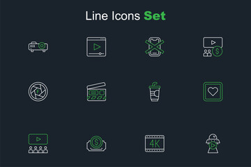 Set line Science fiction, 4k movie, Cinema ticket, auditorium with screen, Like heart, Paper glass water, Movie clapper and Camera shutter icon. Vector