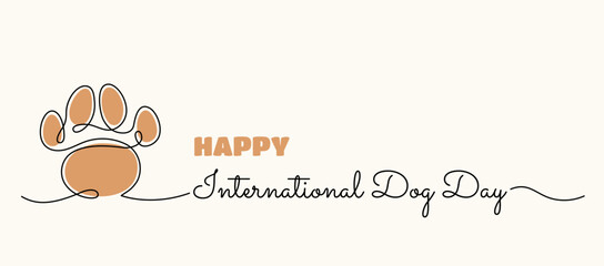 Dog Day minimal banner with one line art abstract paw drawing and hand written style text. International pet holiday background. Vector illustration. © Anastasiia