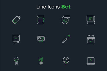 Set line Laptop, Global planet with thunderbolt, LED light bulb, Creative lamp idea, Toolbox electrician, Screwdriver, Electrical outlet and meter icon. Vector