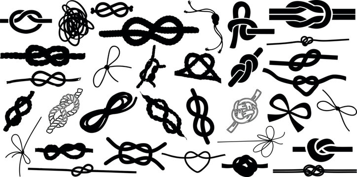 Knot vector set rope, cord, tie, knot silhouette vector illustrations, various knot types, decorative knots, maritime knot tying