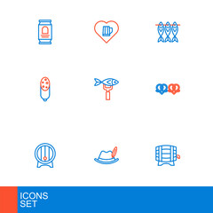 Set line Wooden barrel on rack, Oktoberfest hat, Pretzel, Salami sausage, Dried fish, and Heart with glass of beer icon. Vector
