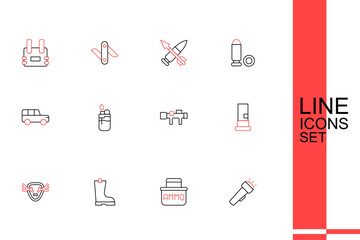 Set line Flashlight, Ammunition box, Waterproof rubber boot, Deer antlers shield, Cartridges, Sniper optical sight, Lighter and Safari car icon. Vector