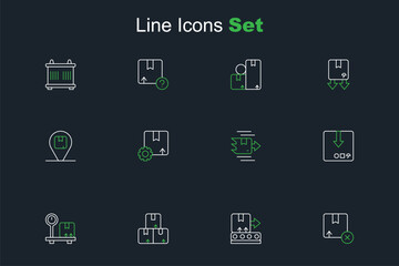 Fototapeta premium Set line Carton cardboard box, Conveyor belt with, Scale, Gear package and Location icon. Vector