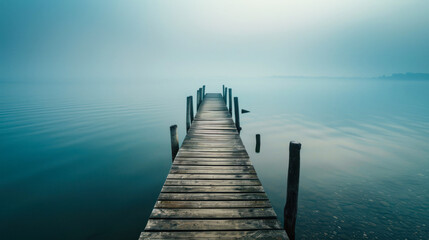 Naklejka premium Misty pier disappearing into calm lake
